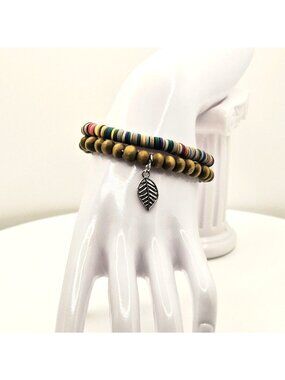 Handmade Boho Stretch Bracelet Set With Wood Beads Colorful Vinyl Discs And Leaf